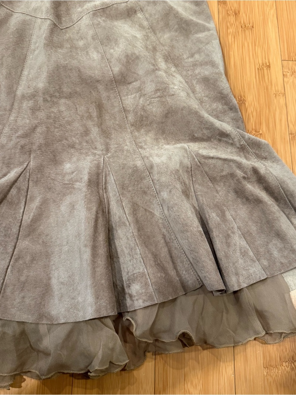 June Taupe Genuine Leather Suede Flared Skirt with Ruffle Hem - Picture 3 of 6
